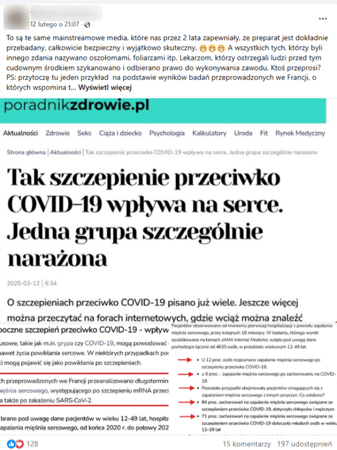 Wpis na Facebooku podający informacje o tym, że szczepionki nie są bezpieczne. Do wpisu dołączono zrzuty ekranu ze strony poradnikzdrowie.pl z zaznaczonymi fragmentami z tekstu o tytule: „Tak szczepienie przeciwko COVID-19 wpływa na serce. Jedna grupa szczególnie narażona” 
