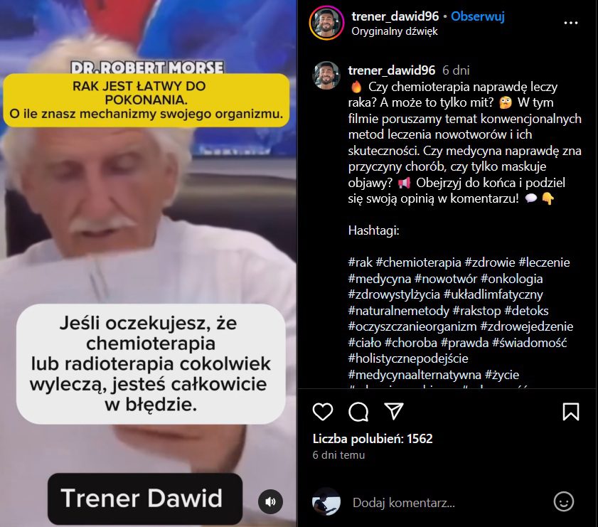 Zrzut ekranu posta na Instagramie, z lewej klatka filmu, z prawej komentarze