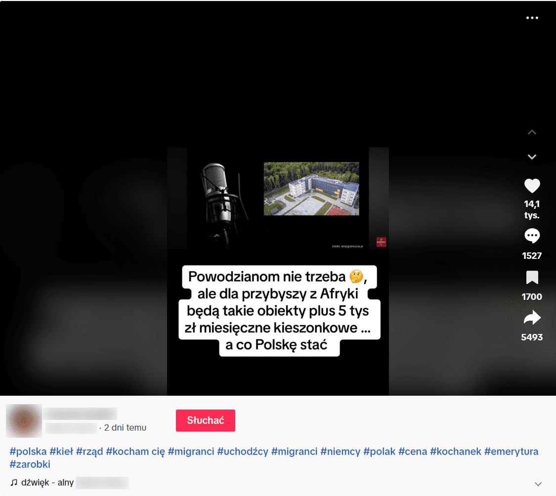 Zrzut ekranu filmu na TikToku, w którym opisano przyznanie dużej pomocy finansowej dla uchodźców. Na film zareagowało ponad 14 tys. osób, a ponad 5 tys. internautów udostępniło film.