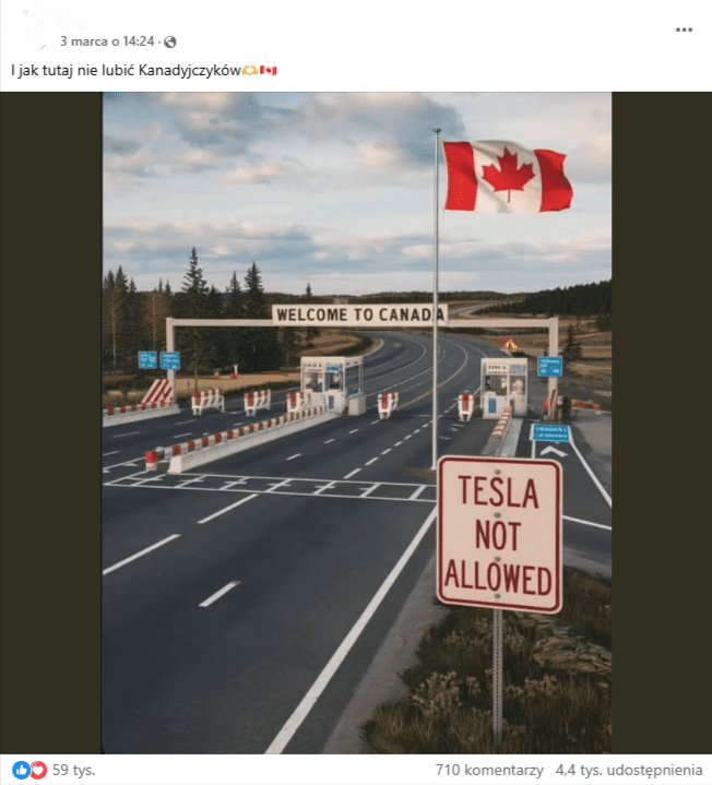 Zrzut ekranu z wpisu na platformie Facebook, w którym pokazano kanadyjską granicę, gdzie stoi wielki znak z napisem „Tesla niedozwolona”.