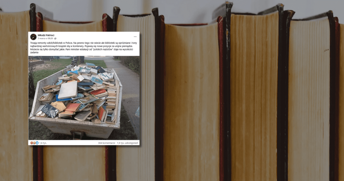 w tle zdjęcie książek, zrzut ekranu z Facebooka z informacją o tym, że biblioteki są opróżniane, a książki wyrzucane