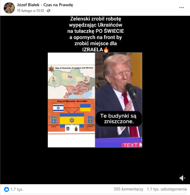 Zrzut ekranu z wpisu na platformie Facebook, w którym zamieszczono nagranie z Donaldem Trumpem wraz z mapką, która służy do wyjaśnienia teorii spiskowej „Niebiańskiej Jerozolimy”