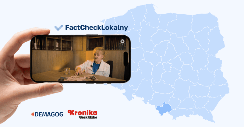 Smartfon z wyświetlony wywiadem. W tle mapa Polski z zaznaczonym województwem bielskim. Nad smartfornem napis Fact Check Lokalny