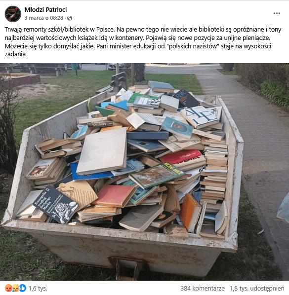 Zrzut ekranu posta na Facebooku, na górze podpis, na dole zdjęcie kontenera pełnego książek.