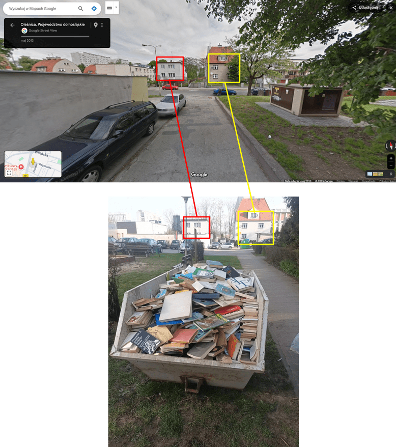 Na górze zrzut ekranu z map google, na dole zdjęcie kontenera książek. Kolorowe strzałki oznaczają wspólne charakterystyczne punkty na obu zdjęciach.
