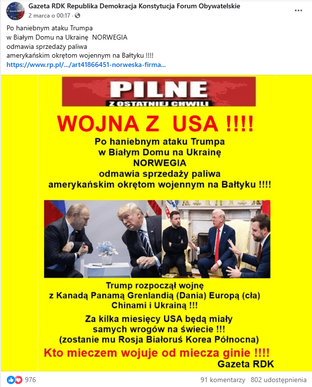 Wpis na Facebooku z dołączoną grafiką. Na żółtym tle umieszczono dwa zdjęcia. Na jednym z nich Donald Trump rozmawia przy stole z Władimirem Putinem. Na drugim widać kadr z ostatniej wizyty Zełenskiego w Gabinecie Owalnym. Dodatkowo czerwonymi literami napisano na górze ‘Wojna z USA !!!”