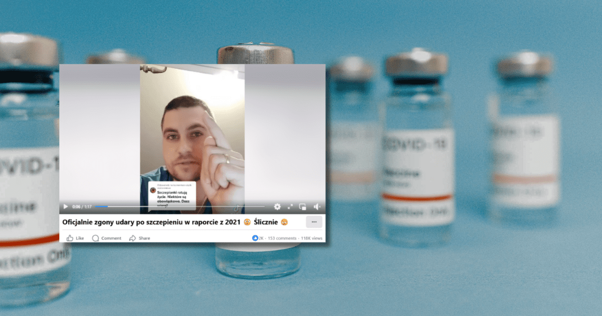 w tle fiolki ze szczepionką na Covid-19, zrzut ekranu z Facebooka z filmiku w którym mowa o zgonach po szczepieniu