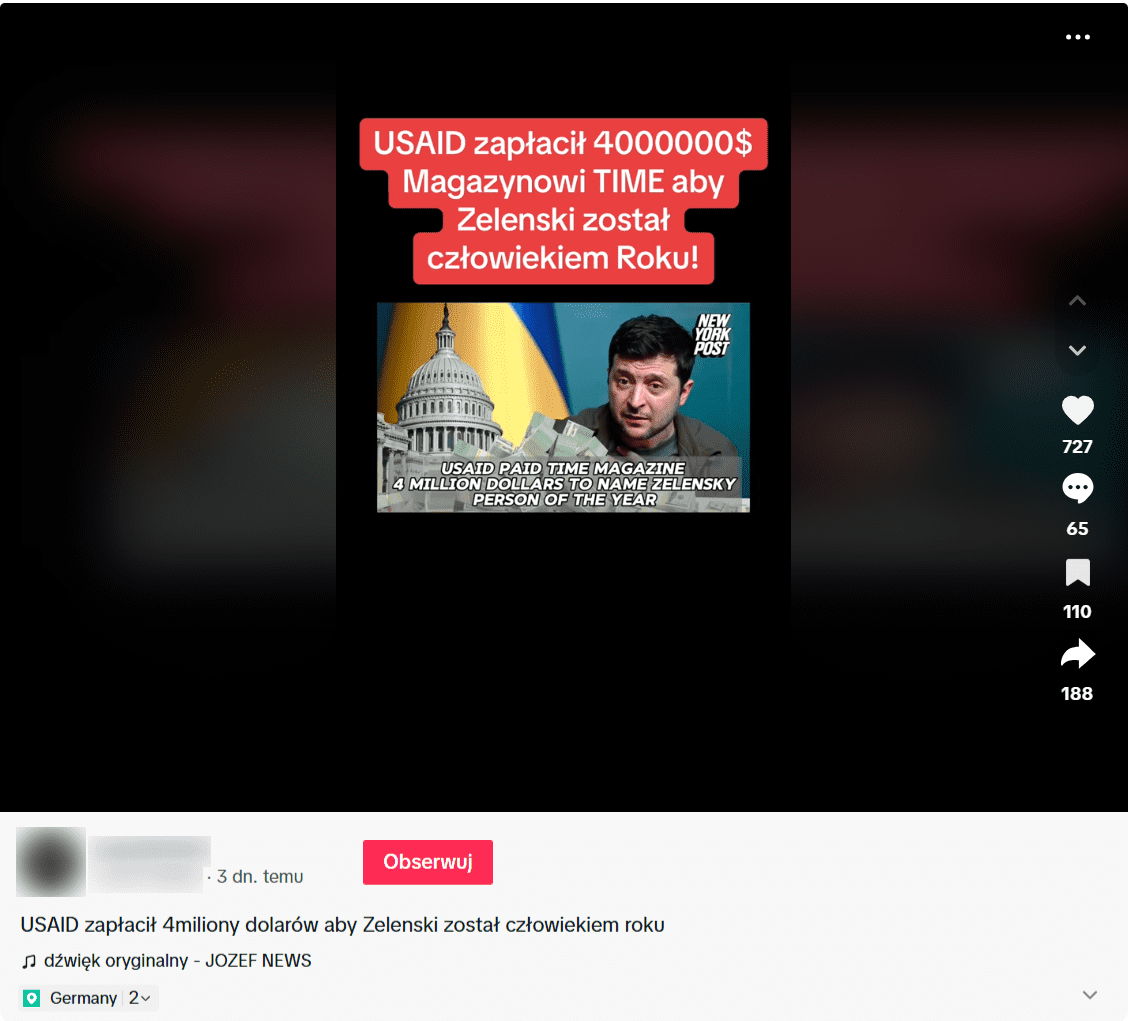 Zrzut ekranu filmu na TikToku, w którym zaprezentowano informacje o tym, że tytuł Człowieka Roku dla Zełenskiego został opłacony. Na film zareagowało ponad 700 osób.