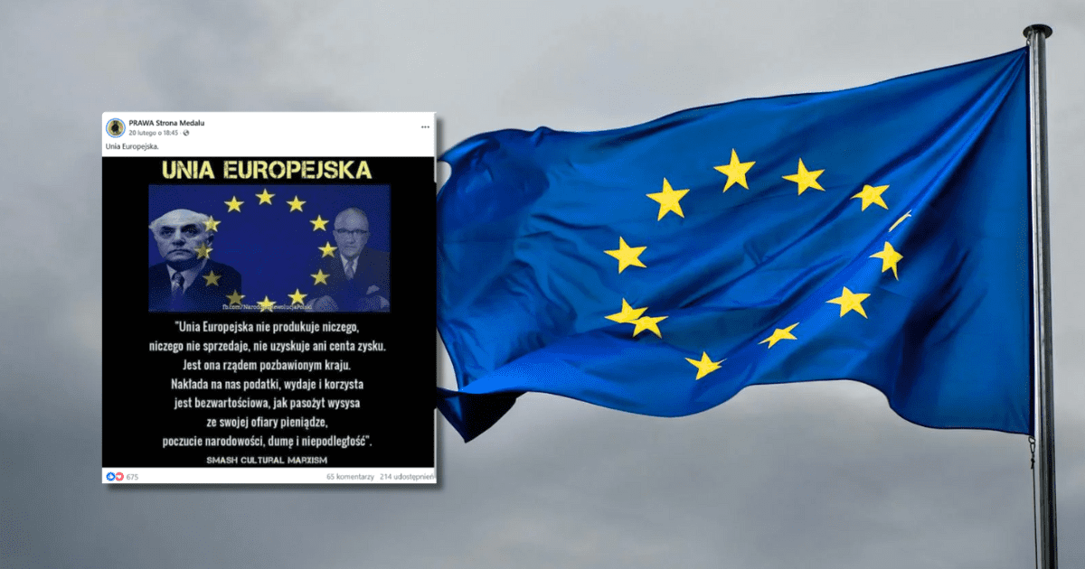w tle flaga Unii Europejskiej, zrzut ekranu z Facebooka z informacją o tym, że UE wykorzystuje nas nakładając podatki