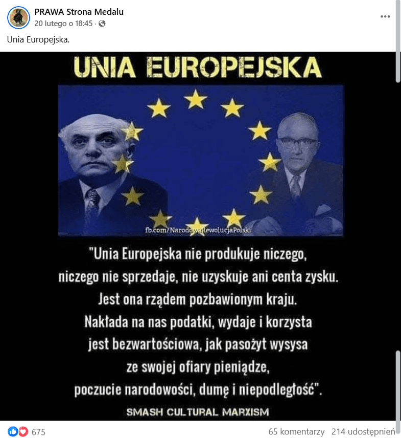 Zrzut ekranu z posta na Facebooku. Czarno-białe zdjęcie dwóch mężczyzn. W tle flaga Unii Europejskiej.