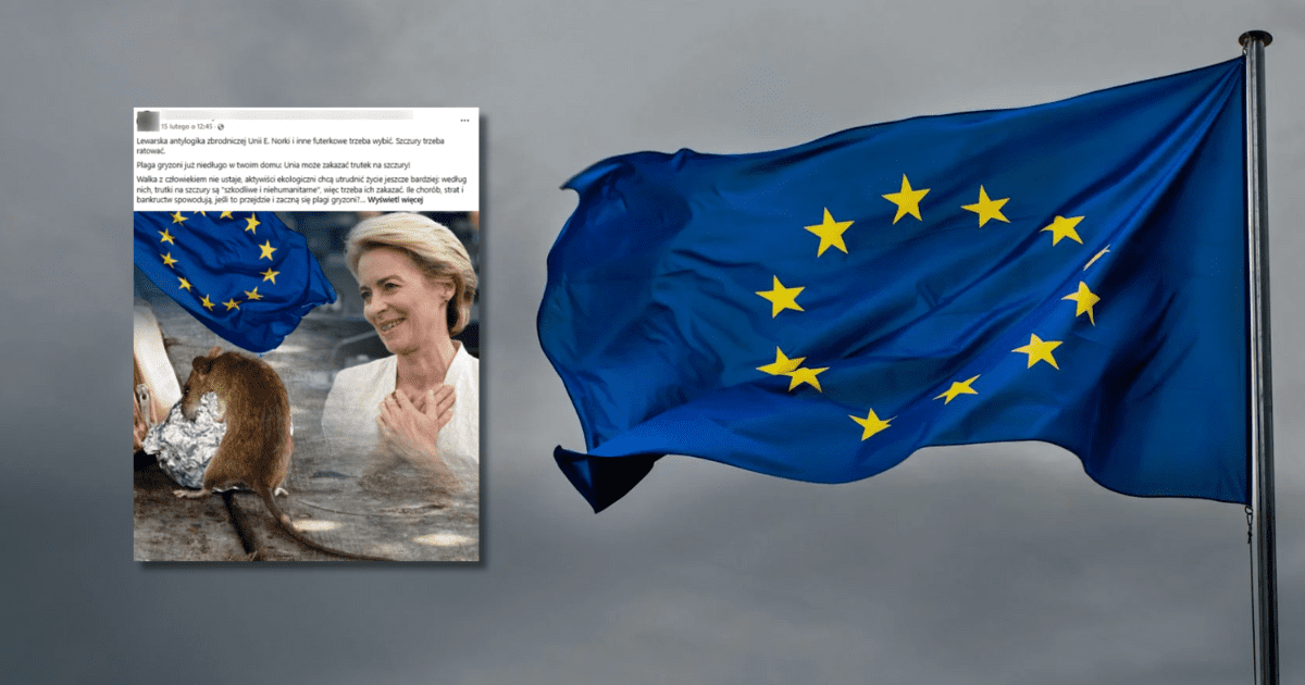 w tle flaga Unii Europejskiej, zrzut ekranu z Facebooka z informacją o tym, że Unia może zakazać trutek na szczury