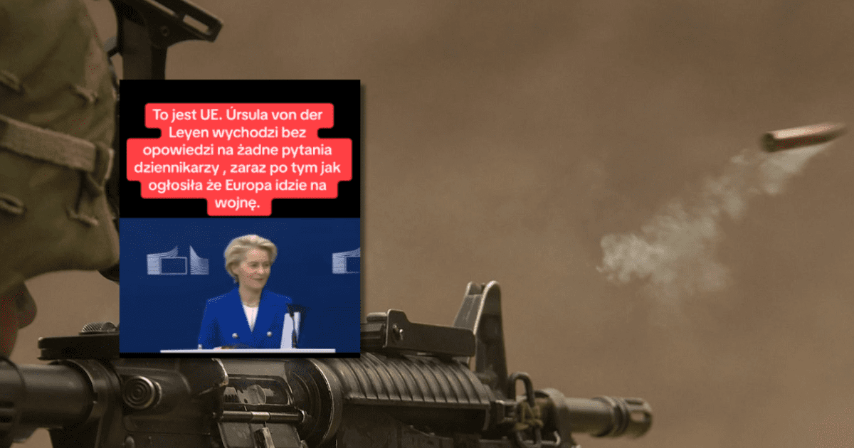w tle żołnierz z karabinem, zrzut ekranu z TikToka z filmu o tym, że Ursula von der Leyen ogłosiła, że Europa idzie na wojnę.