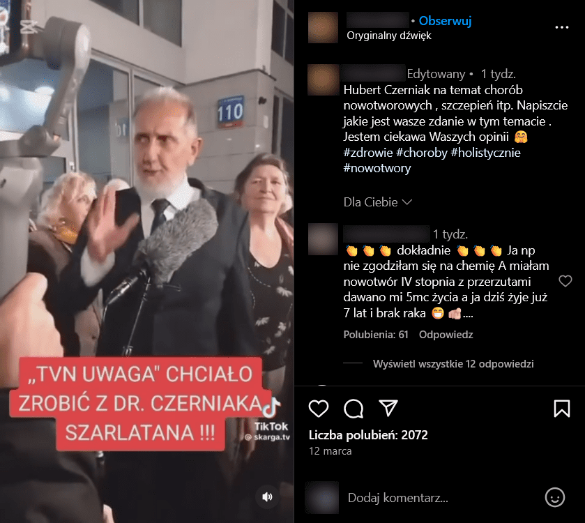 zrzut ekranu filmu na Instagramie, z lewej klatka z filmu, z prawej komentarze i interfejs Instagrama