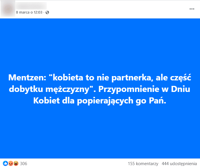 Wpis na Facebooku z cytatem o kobietach przypisanym Sławomirowi Mentzenowi 