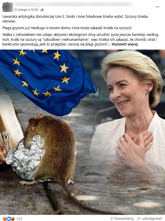 Zrzut ekranu z wpisu na platformie Facebook, w którym pokazano Ursulę von der Leyen oraz szczura na tle powiewającej flagi Unii Europejskiej.