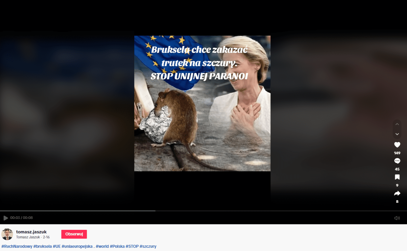 Zrzut ekranu z platformy TikTok, w którym pokazano Ursulę von der Leyen oraz szczura na tle powiewającej flagi Unii Europejskiej.