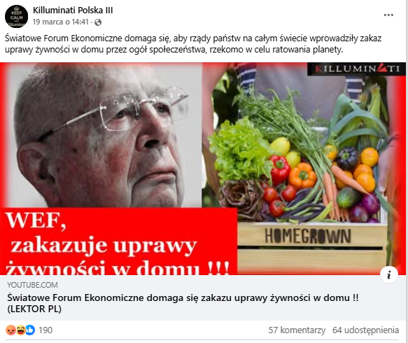Zrzut ekranu z platformy Facebook, gdzie pojawiła się informacja o rzekomych nowych regulacjach dotyczących zakazu uprawiania żywności. 