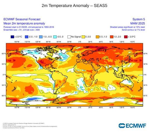 Rozkład anomalii temperatury na świecie w lutym 2025 roku (na poziomie 2 m). Kolory pomarańczowe oraz czerwone oznaczają dodatnią temperaturę, kolory błękitne – ujemną.