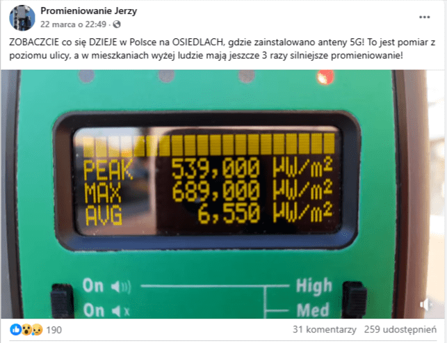 Zrzut ekranu z platformy Facebook, na którym widnieje wideo z miernikiem promieniowania, którego normy zostały przekroczone. 