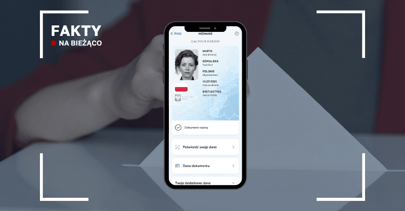 Smartfon wyświetlający mDowód, a w tle ręka wrzucająca kartę do urny