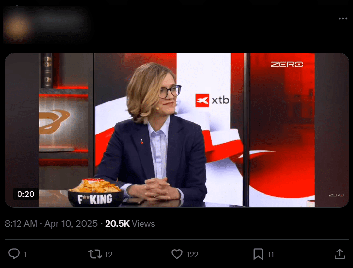 Zrzut ekranu nagrania z X. 122 reakcje, 1 komentarz, 12 udostępnień.