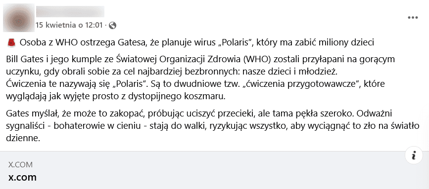 Zrzut ekranu wpisu na Facebooku.