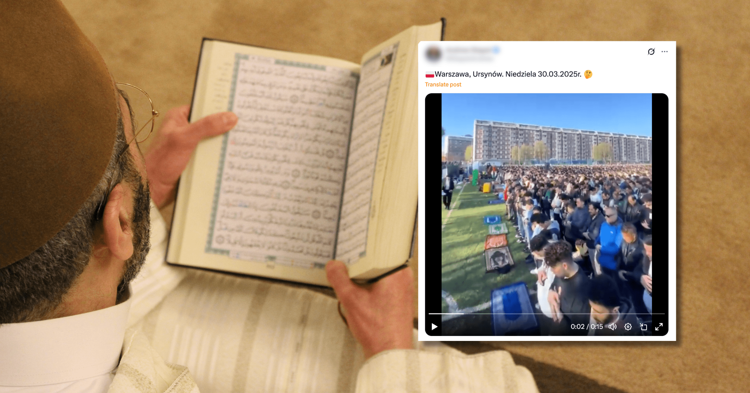 Grafika przedstawiająca zrzut ekranu posta, który sugeruje, że na warszawskim Ursynowie modlili się muzułmanie. Do wpisu dołączono wideo, które ma uwiarygadniać przekaz. To fake news