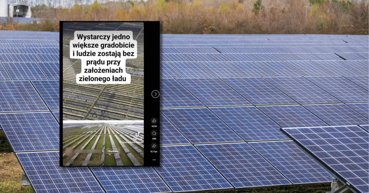 screen z Facebooka, w tle panele fotowoltaiczne