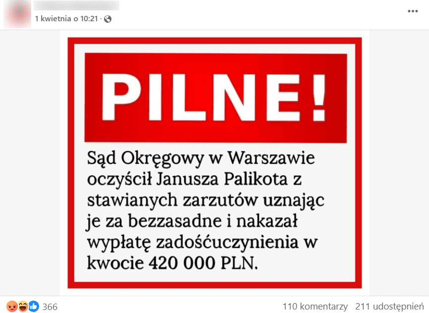 Zrzut ekranu posta na Facebooku. 366 reakcji, 110 komentarzy, 211 udostępnień.