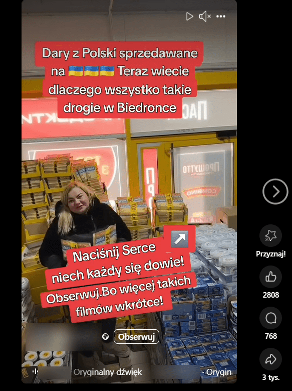 Zrzut ekranu z posta na Facebooku. Na nagraniu kobieta pokazująca produkty mleczne pochodzące z polskich sklepów spożywczych.