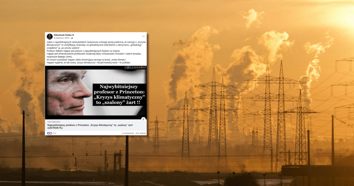 screen z Facebooka, w tle sieć elektroenergetyczna i dym z kominów