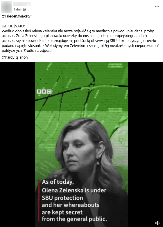 Zrzut ekranu posta na Facebooku. Na górze podpis, na dole klatka z filmu przedstawiająca grafikę z Ołeną Zełenską.