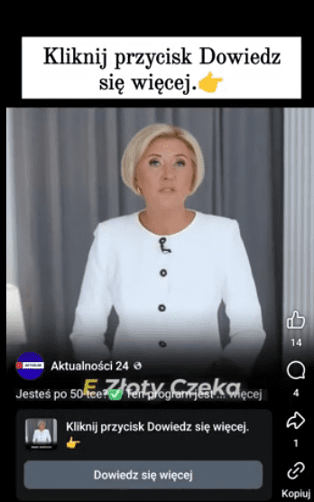 Zrzut ekranu rolki na Facebooku. W kadrze Agata Kornhauser-Duda: kobieta w białej garsonce. Stoi na tle szarych zasłon. Nad nią widnieje doklejony napis: „Kliknij przycisk Dowiedz się więcej.” na białym tle.