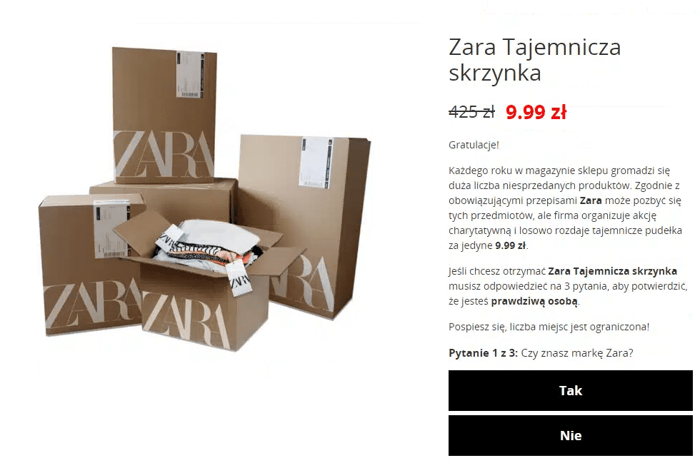 Zrzut ekranu ze strony oszustów. Na zdjęciu paczki z ubraniami. Po prawej stronie krótka ankieta. 