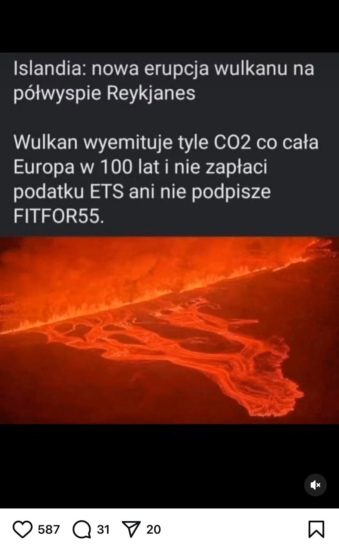 Zrzut ekranu z platformy Instagram, na którym widoczna jest fałszywa informacja o tym, że wybuch wulkanu wpływa na klimat tak samo jak człowiek. 