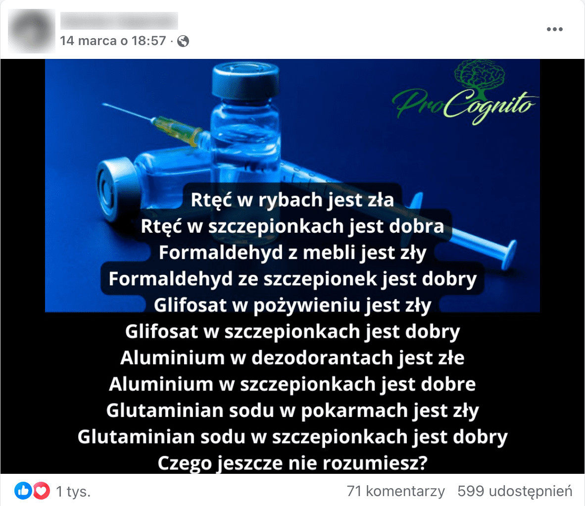 Screen postu z Facebooka. Post składa się wyłącznie z grafiki, na której wypisano pięć substancji (rtęć, formaldehyd, glifosat, aluminium, glutaminian sodu), które zdaniem autorów w szczepionkach są dobre, a w innych przypadkach złe.