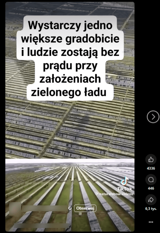 Zrzut ekranu z platformy Facebook, na którym widoczny jest fragment nagrania z lotu ptaka na zniszczone panele fotowoltaiczne. Oryginalne nagranie pochodzi ze Stanów Zjednoczonych i nie ma nic wspólnego z Zielonym Ładem.