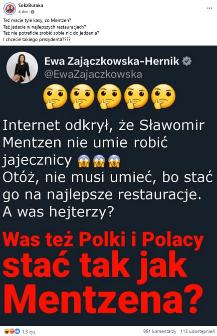  Zrzut ekranu posta na Facebooku. Na górze podpis, na dole zrzut ekranu fałszywego wpisu z platformy X.