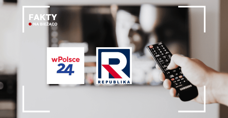 Ręka włączająca telewizję pilotem oraz loga wPolsce24 i Republiki