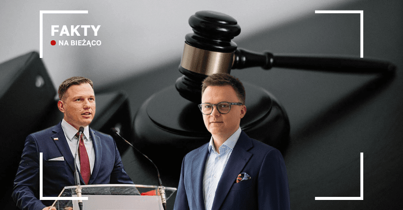 Hołownia i Mentzen na tle sędziowskiego młotka