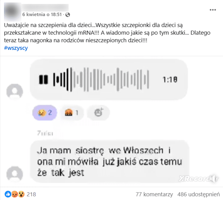 Zrzut ekranu wpisu na Facebooku, w którym przedstawiono teorię na temat szczepień mRNA.