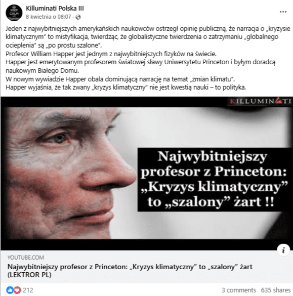 Zrzut ekranu z platformy Facebook, w którym pojawia się link do wywiadu z profesorem Williamem Happerem - denialistą klimatycznym. W opisie posta pojawiają się zarzuty, że m.in. kryzys klimatyczny nie jest kwestią nauki, a polityki. 