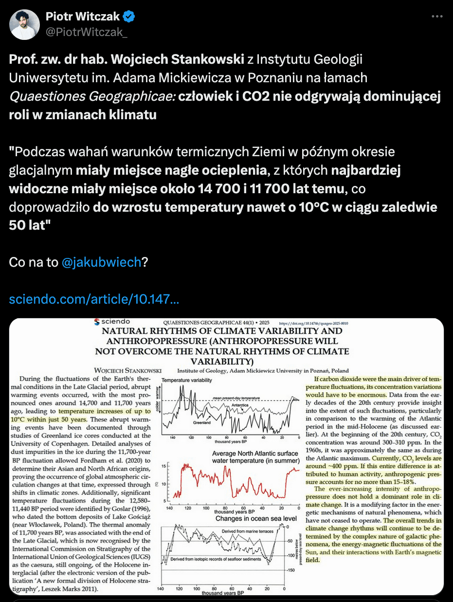 Zrzut ekranu wpisu Piotra Witczaka z portalu X.com. W opisie pojawiają się cytaty z artykułu autorstwa Wojciecha Stanowskiego. Ilustracją jest fragment pierwszej strony cytowanego w poście artykułu.