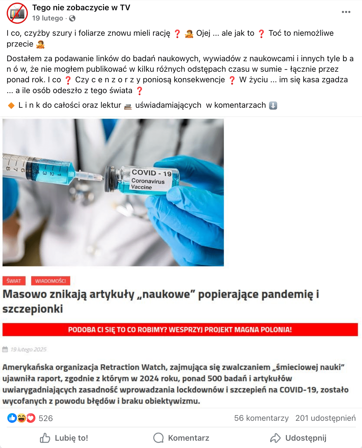 Zrzut ekranu przedstawiający post opublikowany na Facebooku na stronie „Tego nie zobaczycie w TV”. Ilustracją do wpisu jest screen artykułu pt. „Masowo znikają artykuły naukowe popierające pandemię i szczepionki”.