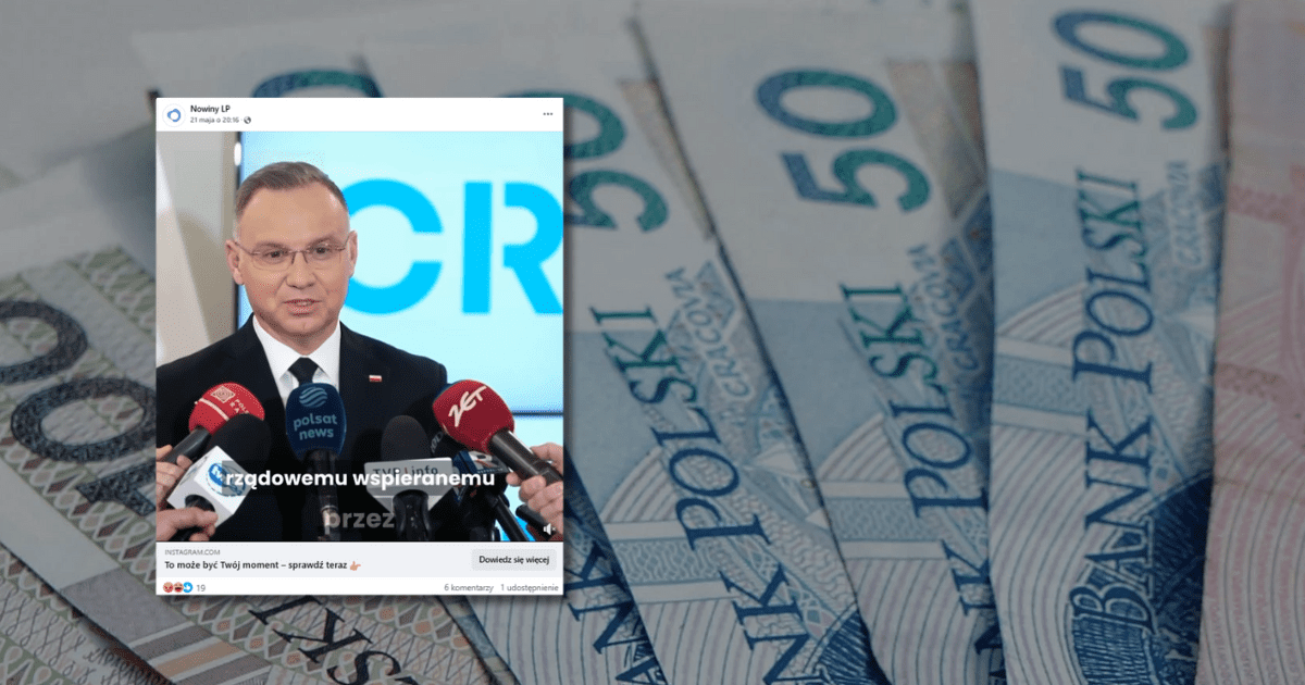 w tle zdjęcie banknotów polskich, zrzut ekranu z Facebooka, na którym widzimy prezydenta Andrzeja Dudę