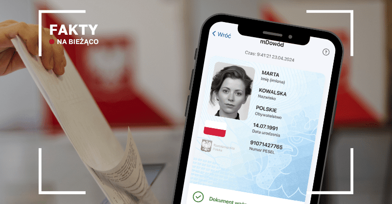 Smartfon wyświetlający aplikację mObywatel a w tle ręka wrzucająca głos do urny
