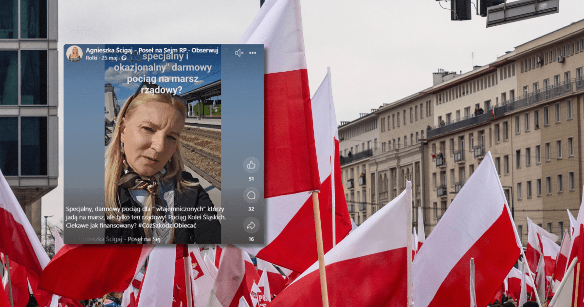Na grafice są flagi Polski oraz zrzut ekranu z Facebooka na którym jest Agnieszka Ścigaj