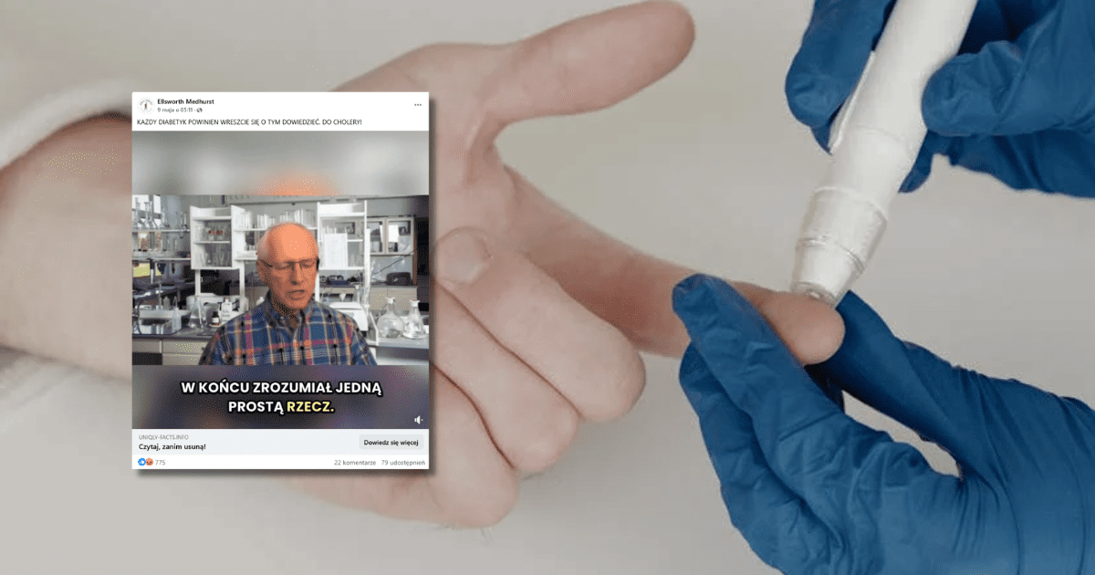 na grafice ręce w medycznych rękawiczkach pobierające krew z palca, zrzut ekranu z Facebooka