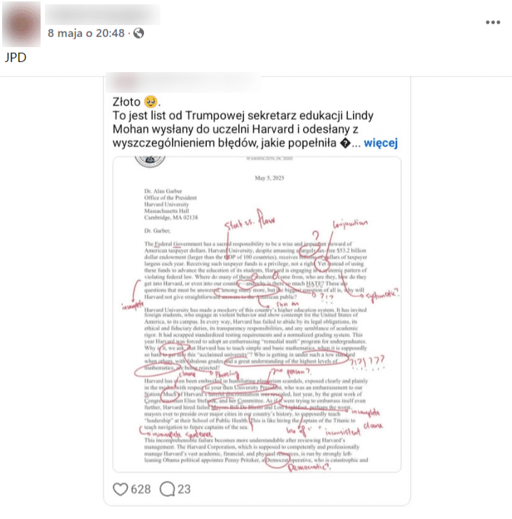 Zrzut ekranu posta na Facebooku.