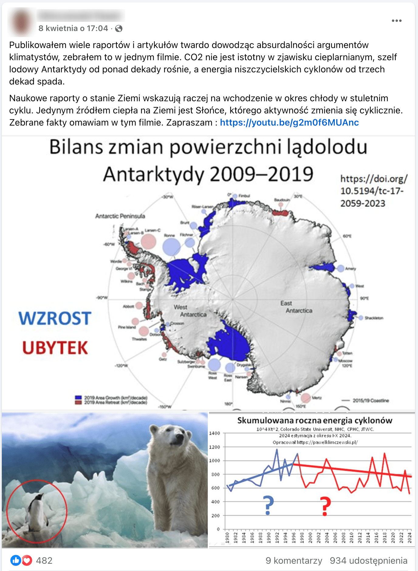 Zrzut ekranu posta udostępnionego na Facebooku. Dołączono do niego zdjęcie pingwina stojącego na tafli lodowej obok niedźwiedzia polarnego.